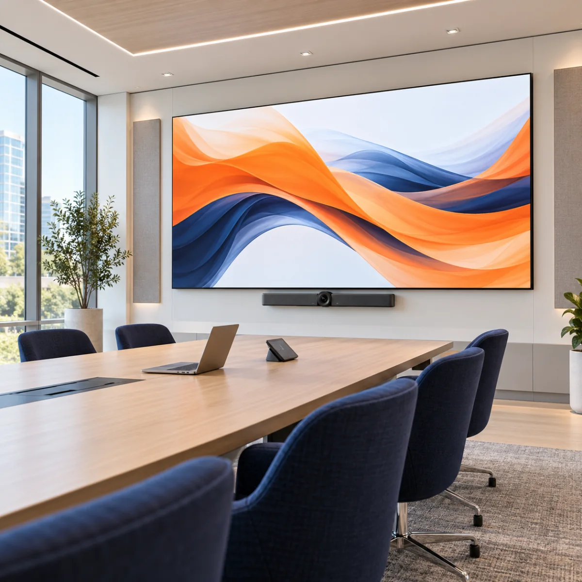 Conceptual conference room with a large LED video wall, conferencing camera, laptop, and touch controls.