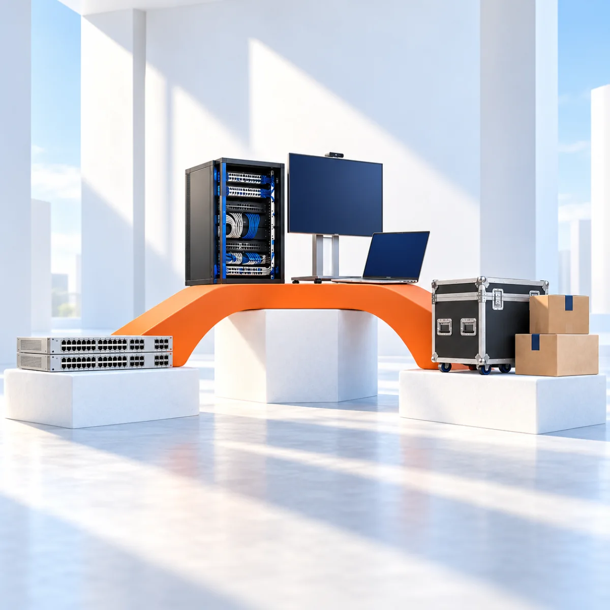 Conceptual orange bridge connecting switches, a network rack, monitor and laptop with shipping cases and cartons