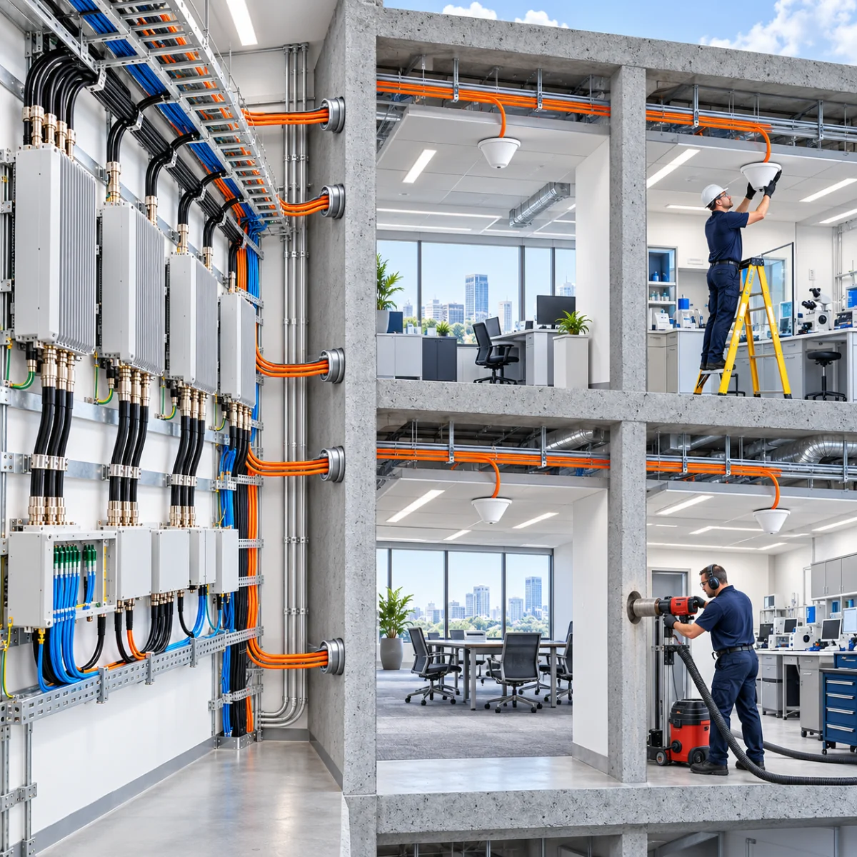 Cutaway showing DAS equipment connected by coaxial cabling through thick walls to ceiling antennas across four rooms, with technicians installing an antenna and drilling a wall penetration.