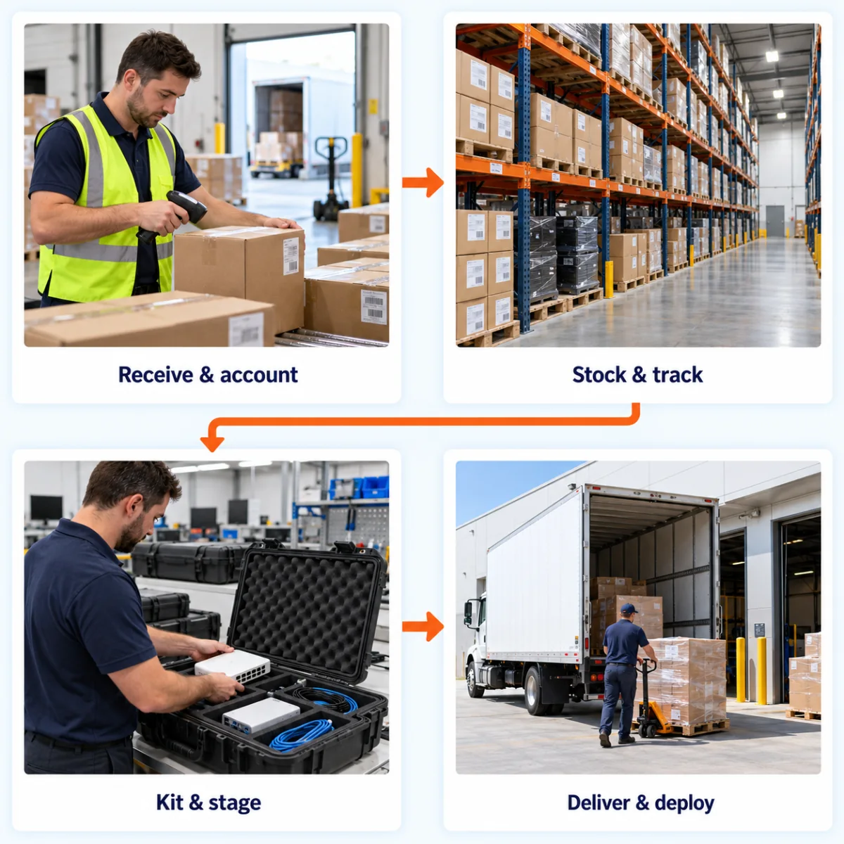 Photographic concept showing receiving, inventory storage, kitting, and delivery