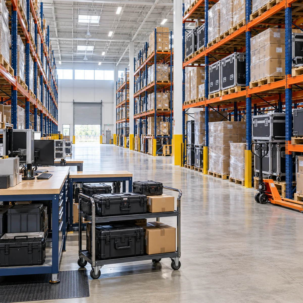 Warehouse aisles with equipment organized for staging and delivery