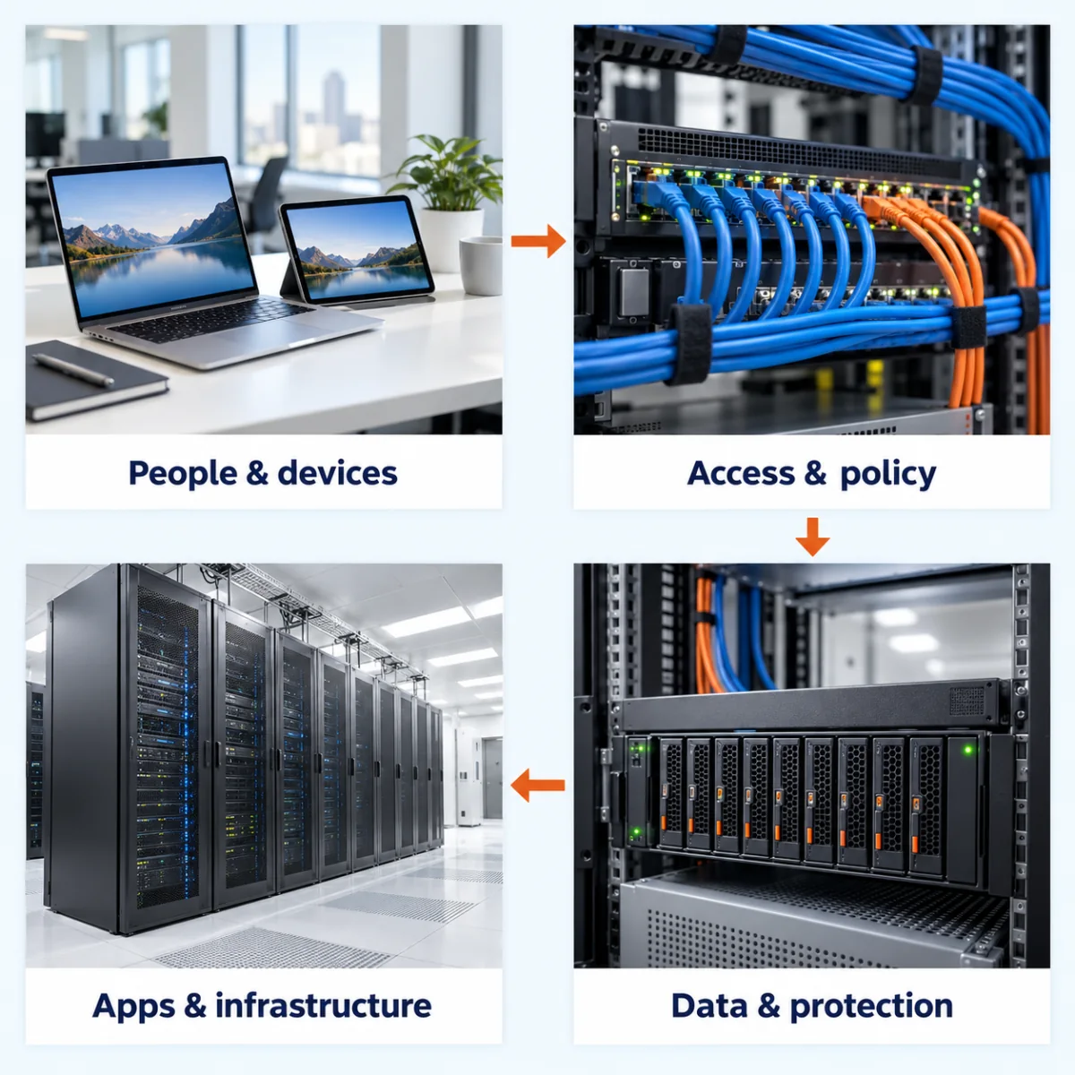 Devices, access controls, infrastructure, and data protection connected in four steps
