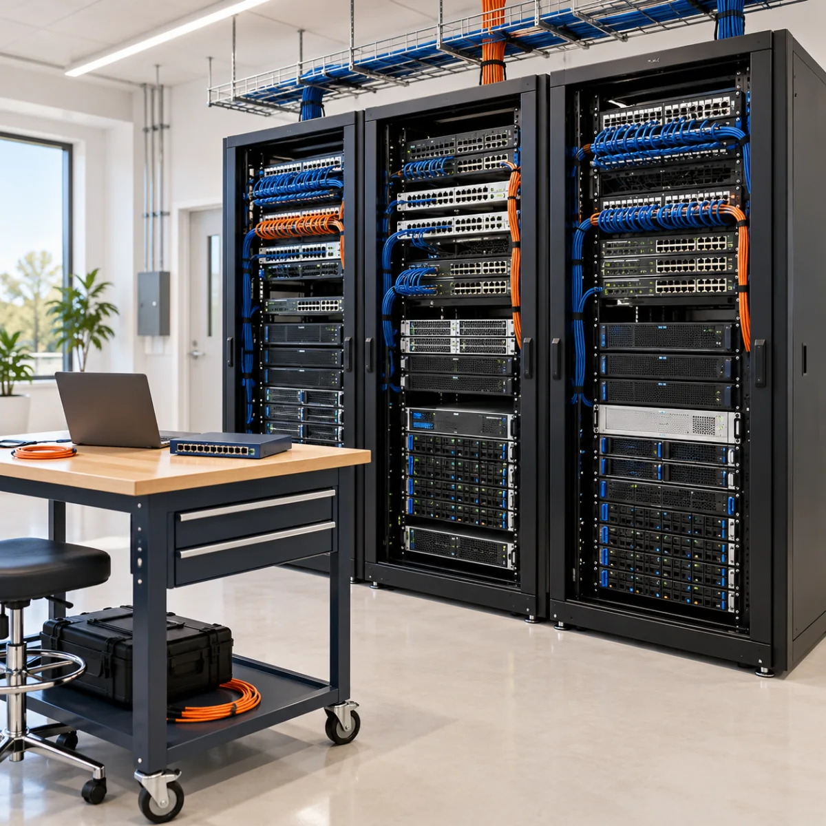 Conceptual equipment room with network racks, switches, and a laptop