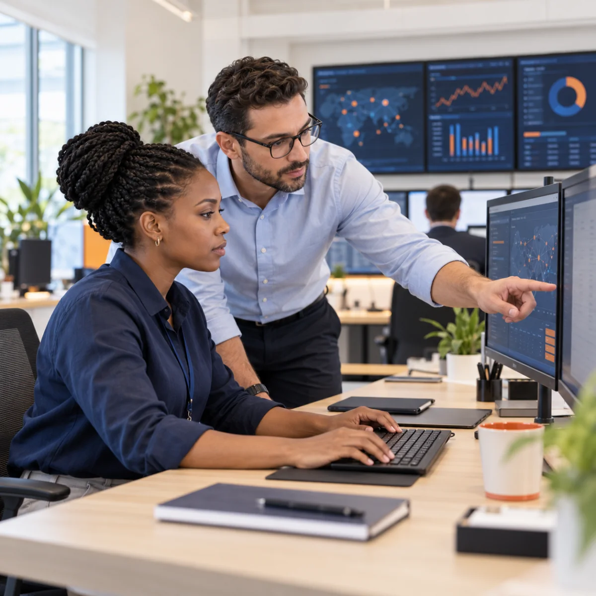 Engineers reviewing network operations at a workstation