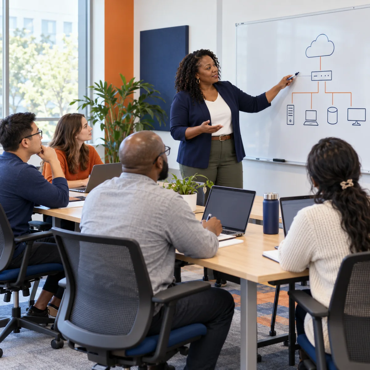 Instructor leading a classroom session at a whiteboard