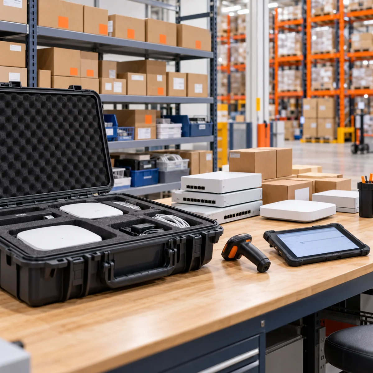 Equipment kitting station with inventory scanner and labeled materials