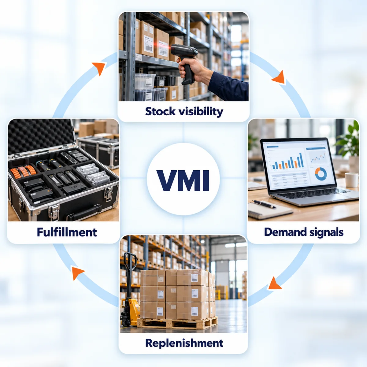 The vendor-managed inventory cycle: stock visibility, demand signals, replenishment, and fulfillment